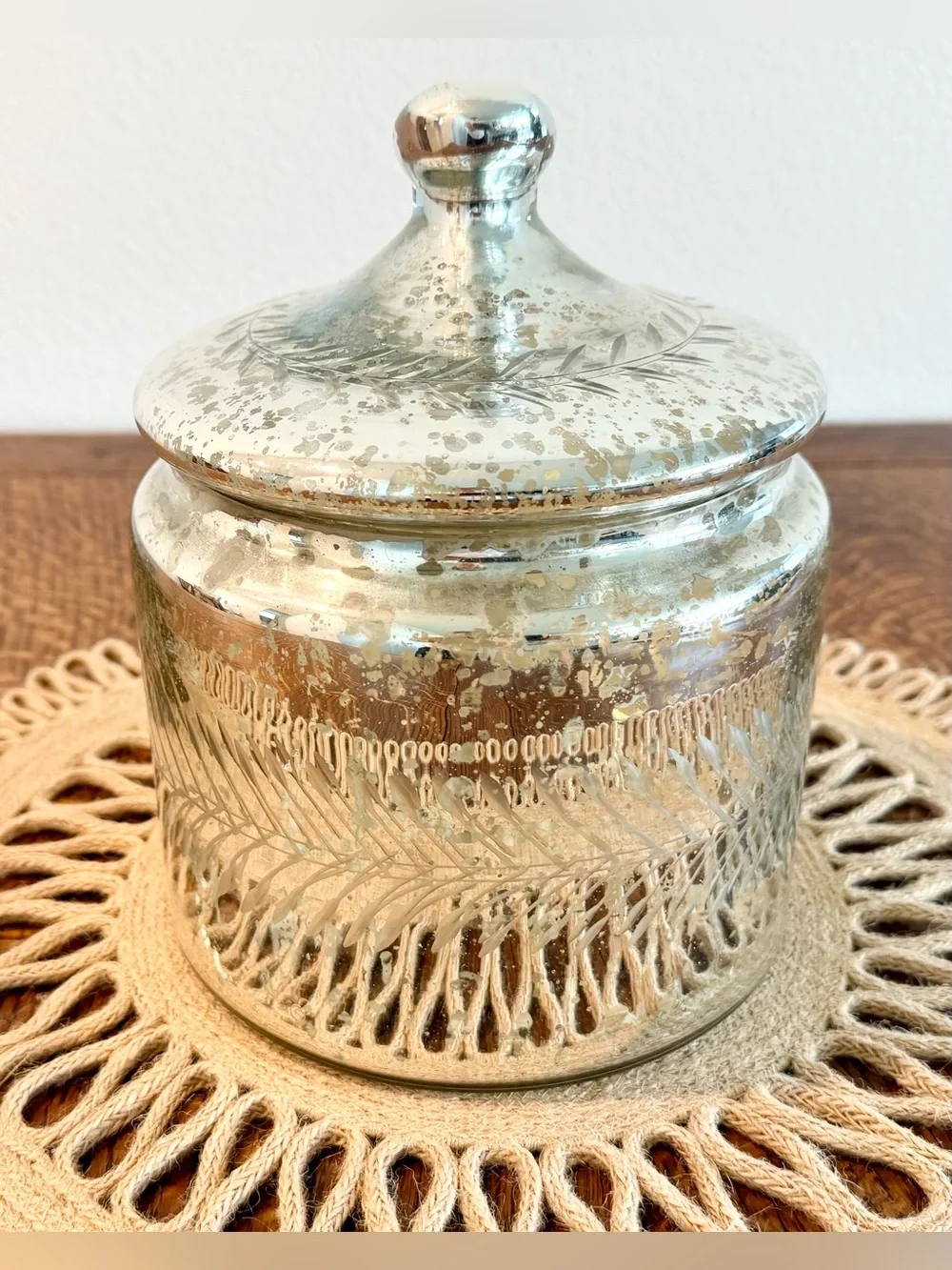 Vintage Mercury Silver Etched Leaf Glass Jar W/Lid
